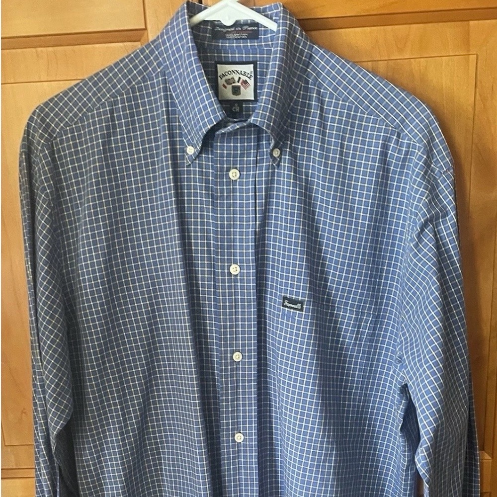 Vintage Faconnable Shirt Albert Goldberg France Men’s Small Blue Plaid Cotton